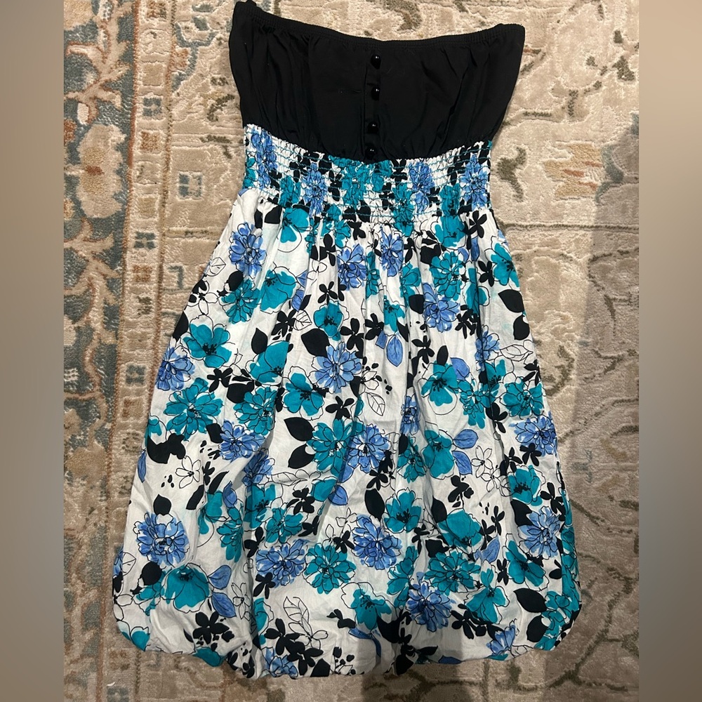 Strapless Floral Dress in Black and Blue